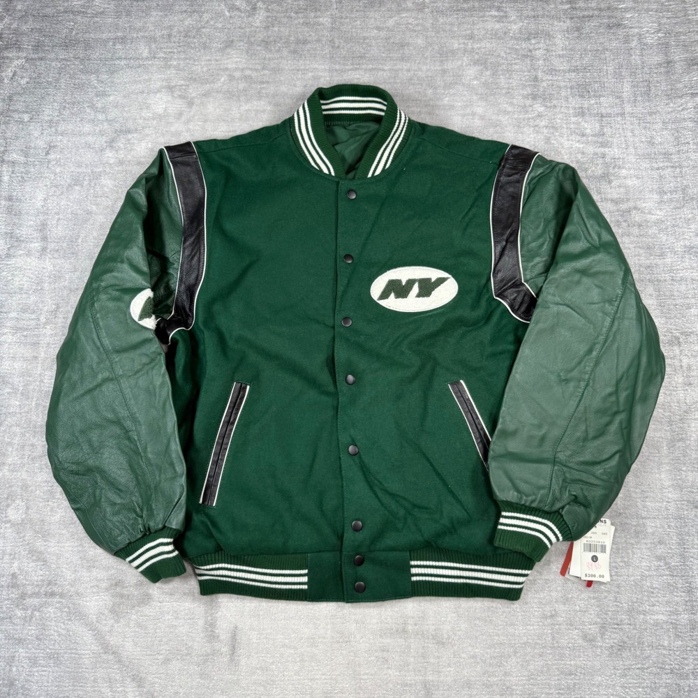 New York Jets Jacket Mens Large Green Vintage Vtg Wool Leather Reversible NFL